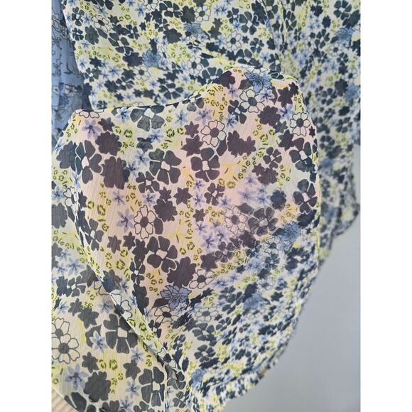 Figueroa & Flower Sheer Floral Button Down Blouse Blue Yellow Boho M Cottagecore - Picture 6 of 9